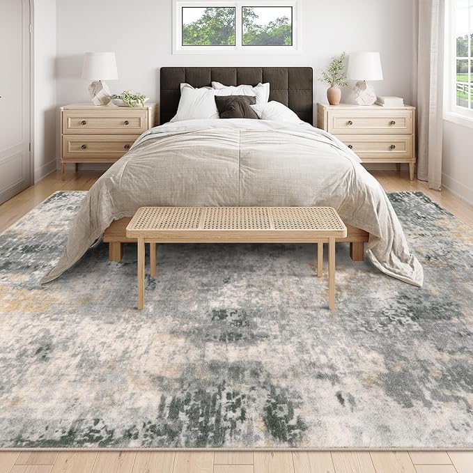 Lahome Modern Abstract 9x12 Area Rugs for Living Room, Washable Living Room Rug for Bedroom Low Pile Non Slip, Grey Soft Indoor Accent Carpet for Dining Room Table Apartment