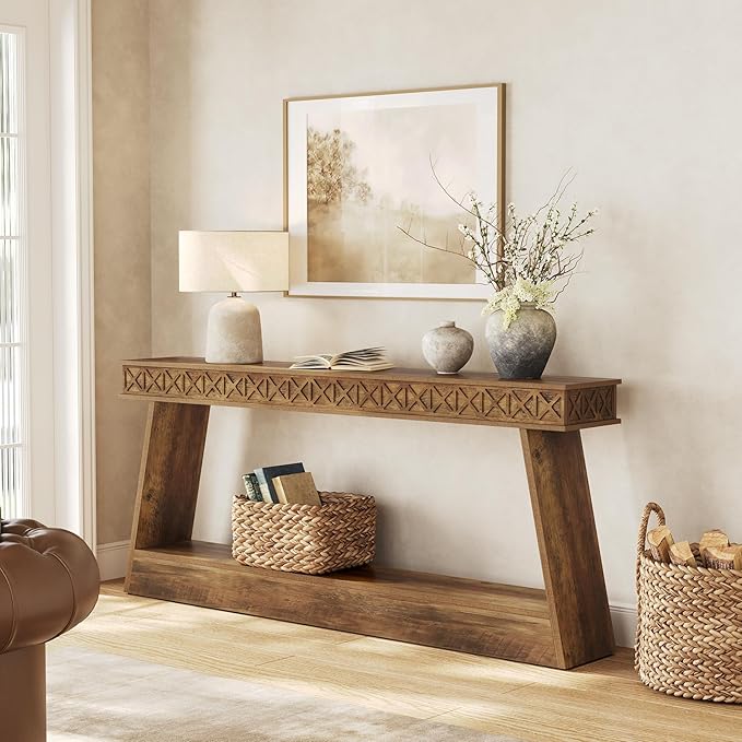 LITTLE TREE 70.87" Long Farmhouse Console Table, 2-Tier Shelf Narrow Accent Entryway Sofa Table for Living Room, Behind Couch, Hallway - Light Brown