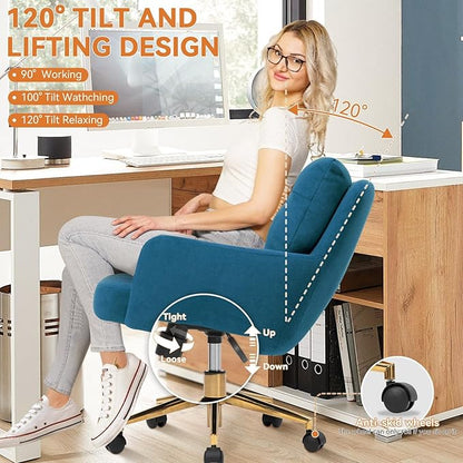 BALIAA Flannel Office Chair, Comfy Home Office Desk Chairs with Lumbar Support, Modern Velvet Desk Chair Gold Legs Small Swivel Task Chair for Home Office, Bedroom, Study (Blue, L)