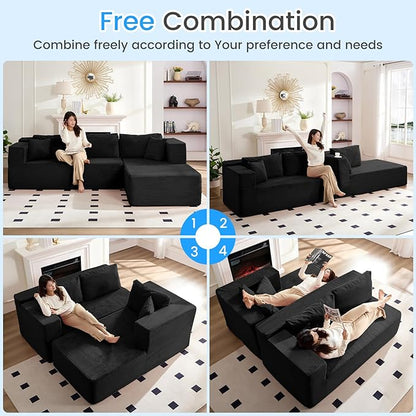PUREMIND 106" Black Sectional Couches for Living Room, Cloud Couch Modular Sectional Sofa, Corduroy L Shape Sofa with Deep Seat, Modular Boneless Foam Couch Corner Couches No Assembly Required