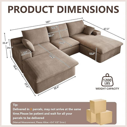 107" Cloud Modular Sectional Sofa with 1 Ottoman, Deep Seat Boneless Couch, Modern Upholstered Corduroy Couches, Comfort U Shaped Sofa for Living Room, No Assembly Required(Camel,Right Facing Chaise)