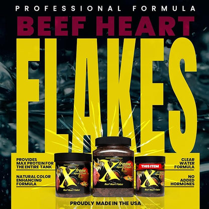 Xtreme Beef Heart Flakes - High Protein, Nutrient-Dense for Tropical & Freshwater Fish, Supports Growth, Color Enhancement, Easy Digestion - Ideal for Discus and Cichlids (1oz)