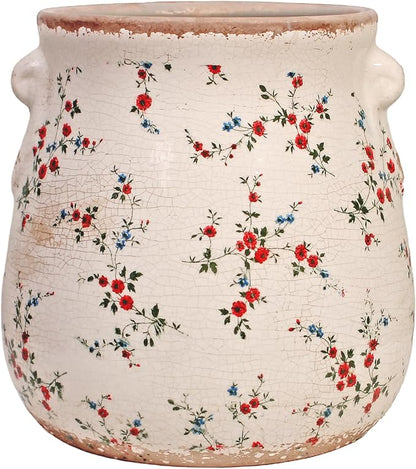 Shabby Chic Vase & Flower Pot with Drainage, 6.68" Ceramic Vases Pottery | Indoor/Outdoor Planter, Country Chic Decor, Perfect for Office Room Garden Balcony Mantel Fireplace Table & Shelf, Red Floral