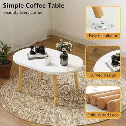 Funecy Coffee Table Low Table with Solid Wood Sturdy Legs, Floor Table Desk for Sitting on The Floor, Storage and Living Room Furniture (White-Oval)