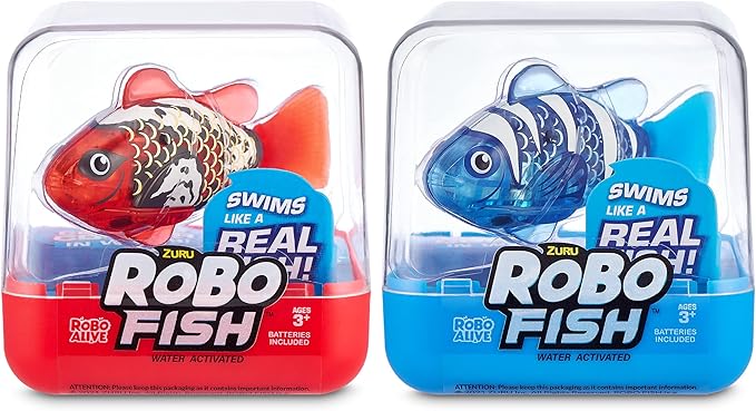 Robo Alive Robo Fish Series 2 (Red + Blue 2 Pack) by ZURU Robotic Swimming Fish Water Activated, Changes Color, Comes with Batteries, Amazon Exclusive - Red + Blue (2 Pack),Multi,7165G