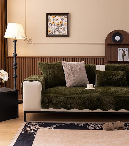 Green Fuzzy Rabbit Plush Sofa Cover Cozy Warm Sofa Couch Covers with 3D Jacquard Leaf Pattern Non-Slip Easy-to-Install Shaggy Sofa Slipcover Prefect for Kids Dogs Cats Cats(Green,36"x94")