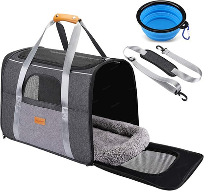 Morpilot Top and Side Expandable Cat Carrier, Collapsible Soft-Sided Pet Carrier for Medium/Large Cats and Puppies up to 20lbs for Car Rides and Vet Visits, with Dual-Sided Cushion& Bowl (Brown)