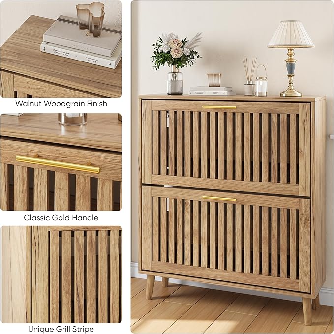 Shoe Storage Cabinet with 2 Flip Slatted Drawers, Narrow Freestanding Shoe
