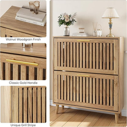 Shoe Storage Cabinet with 2 Flip Slatted Drawers, Narrow Freestanding Shoe