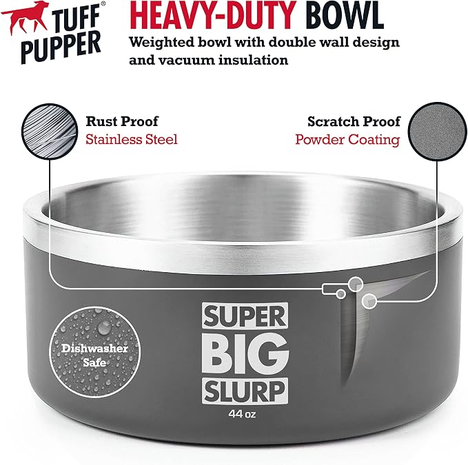 Tuff Pupper Heavy Duty Insulated Dog Bowl | Double Wall Stainless Steel Dog Food Dish | Non-Slip Spill Proof Dishwasher Safe Cat Bowl | Water Dish for Feeding Large Medium Small Pets (44oz, Grey)