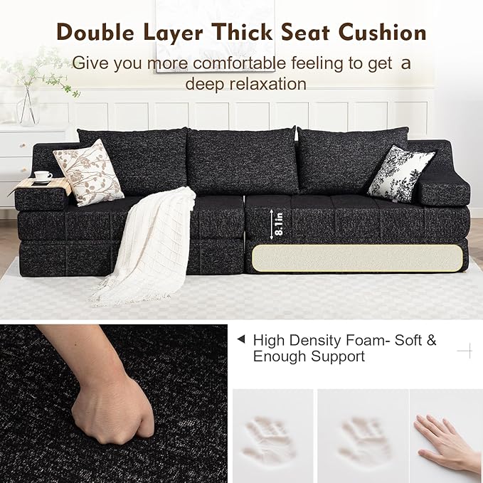 MEISSALIVVE Pull Out Sofa Bed, Queen Size Sleeper Sofa Bed with Wide Armrest & Thick Cushion, 2-in-1 Convertible Couch for Living Room, No Assembly Required (Black)