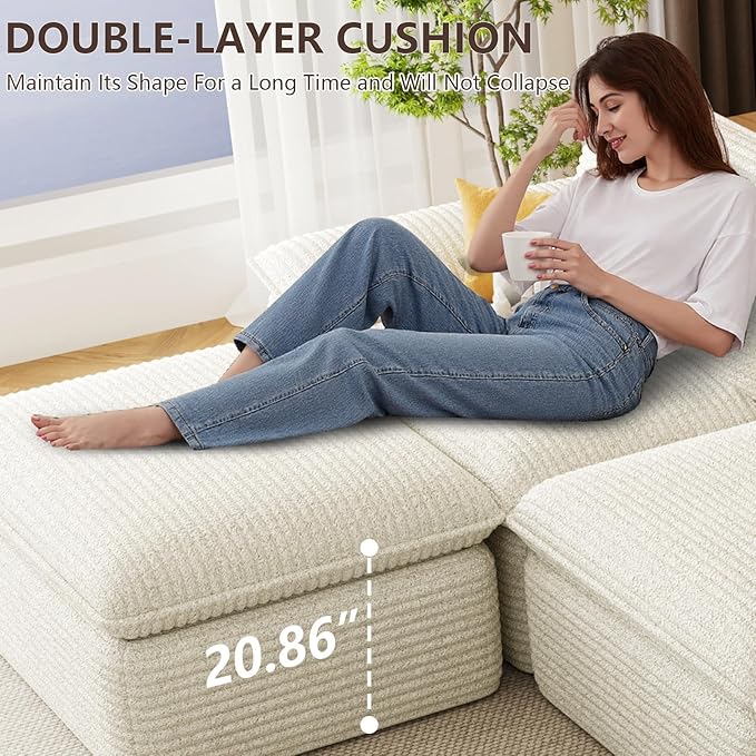 141.74" Sectional Couches for Living Room Modern Modular Sofa with U-Shape Couchs Upholstered Corduroy Boneless Couch Deep Seat Cloud Couch with Ottoman, No Assembly Required, White