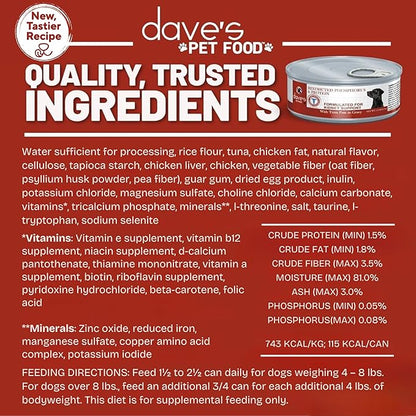Dave's Pet Food Kidney Support Dog Food (Tuna Pate), Non-Prescription, Low Phosphorus, Low Sodium, Wet Canned, Renal Kidney Care, Vet Formulated, 5.5 oz (24 Pack)