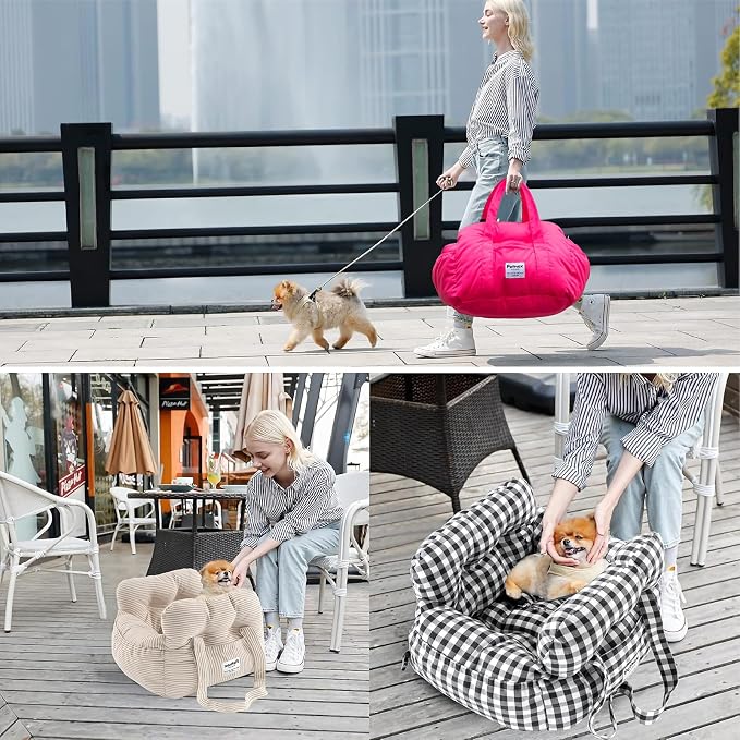 Dog Car Seat for Small Dogs, Portable Puppy Car Seat of Easy Installation, Fashionable Pet Carrier Bag with Large Pockets, Machine Washable Dog Booster Seat (Striped Khaki)