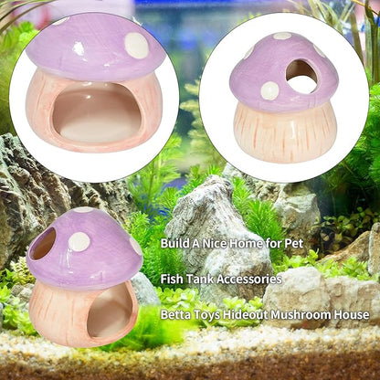 Saim Ceramics Mushroom House Aquarium Decor, Betta Fish Tank Accessories Landscape Decoration, Small Shrimp Goldfishes Habitat Hut Pleco Smalland Breeding Hide Caves Toad House - Purple