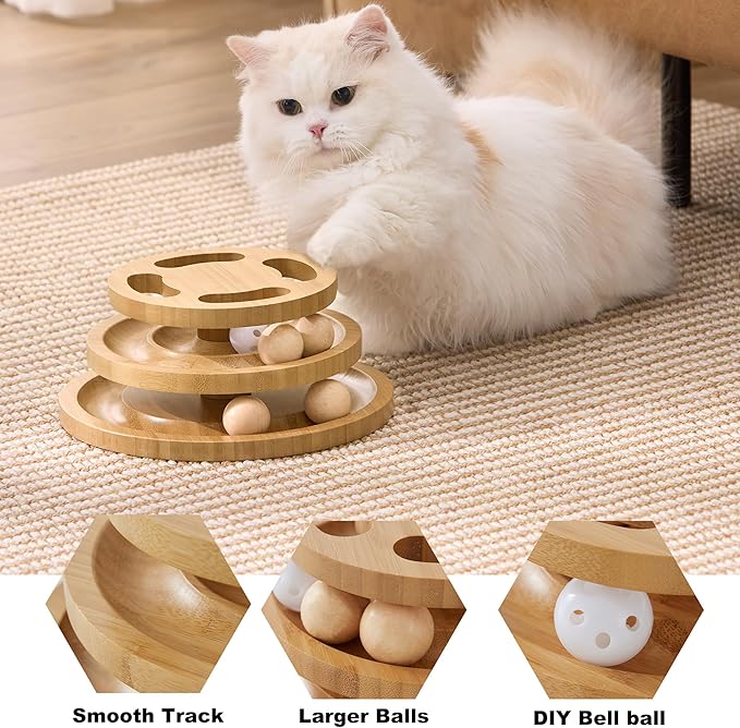 Cat Ball Track Toy with Puzzle Top, Wooden Cat Toys for Indoor Cats with Spinning Balls, Interactive Large Cat Ball Tower for Kitten Exercise Mental Physical