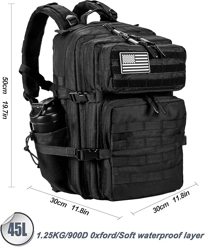 LHI Military Tactical Backpack for Men and Women 45L Army 3 Days Assault Pack Bag Large Rucksack with Molle System - Black