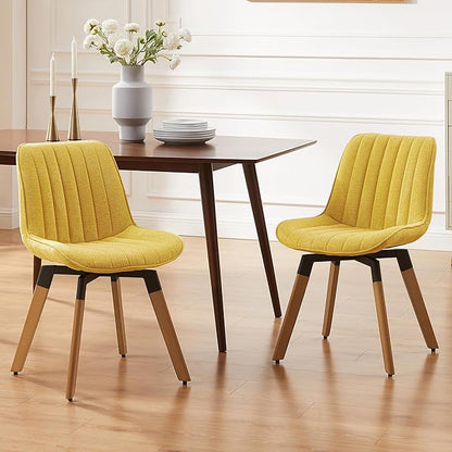 Art Leon Swivel Dining Chairs Set of 2, Mid Century Modern Kitchen Dining Room Chairs, Upholstered Fabric Armless Side Chair with Wood Legs for Living Room Bedroom, Yellow
