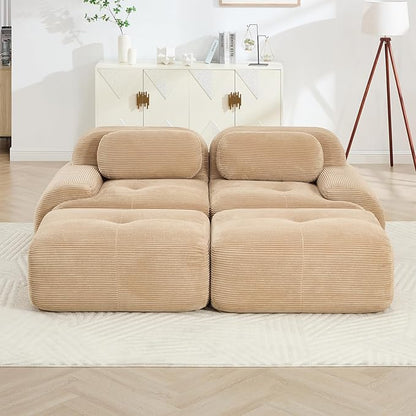 80" Modern Corduroy Boneless Love Seat Couches with 2 Ottomans, 2 Seater Large Sectional Couches for Living Room, Camel Cloud Modular Sectional Sofa, Memory Foam, Extra Deep Loveseat, No Assembly