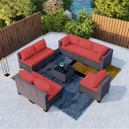 Kullavik 9 Pieces Outdoor Patio Furniture Set,Outdoor Sectional Rattan Sofa Set Brown PE Rattan Wicker Patio Conversation Set with Tempered Glass Coffee Table and Washable Cushions Covers,Red