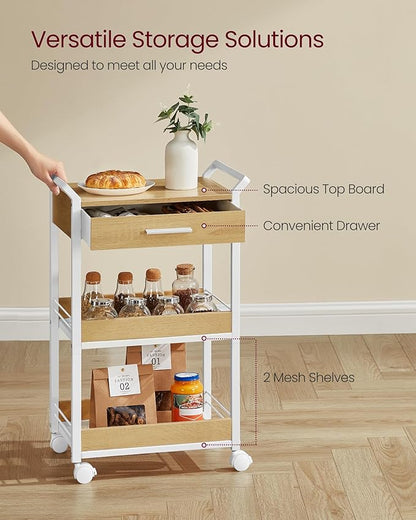 VASAGLE Storage Cart, 3-Tier Rolling Utility Cart with Table Top, Handles, 4 Lockable Casters, Top Drawer, Mesh Shelves, for Kitchen, Bathroom, Bedroom, Golden Oak and Cloud White ULRC048N01