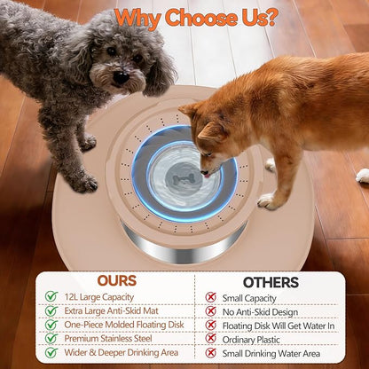 Decflow 12L No Spill Dog Water Bowl for Large Dogs, Stainless Steel Spill Proof Bowls with Suction Cup Anti-Skid Mat, Slow Feeder for Messy Drinkers, Heavy Duty Pet Bowls for Indoor/Outdoor Beige