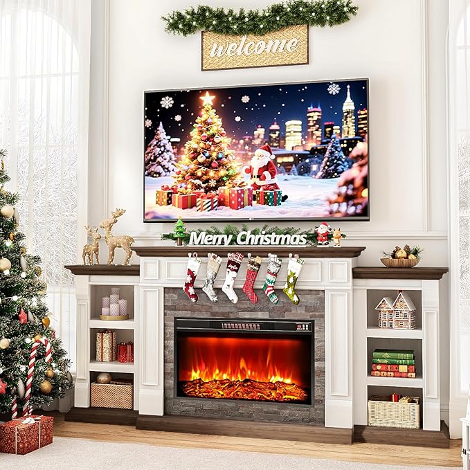 80" Electric Fireplace with Mantel, Fireplace TV Stand
