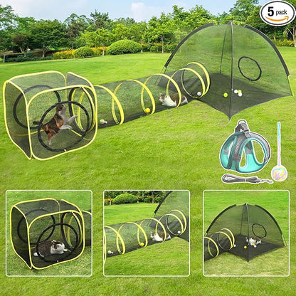 Outdoor Cat Enclosures for Indoor, Portable Mesh Tent, Outdoor pet Tunnel, Cat Playhouse with Adjustable Cat Harness and Leash for Walking, Colorful Tease Ball for Small Animals