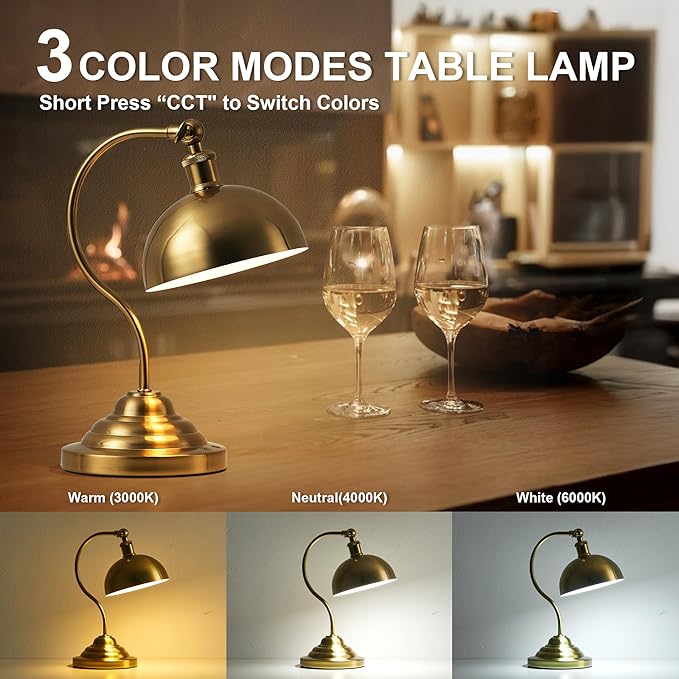 Cordless LED Table Lamp, 180° Swing Arm Desk Lamp, Rechargeable, Dimmable/3 Color/Memory Function, Vintage Rechargeable Table Light for Living Room,Bedroom,Bedside, Brass