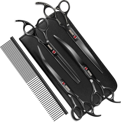 7.0in Titanium Professional Dog Grooming Scissors Set, GEMEK 6 in 1 Straight & Thinning & Upwards Curved & Downwards Curved Scissors & Comb for Dogs, Cats and Other Animals (Black)