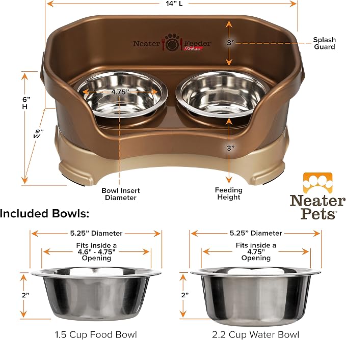Neater Pet Brands Neater Feeder Deluxe Mess Proof Dog Bowls Elevated for Small Dogs Under 19 lbs, Made in USA, No Spill Raised Dog Food Bowl Stand Feeding Station, Food and Water Bowl Set, Bronze
