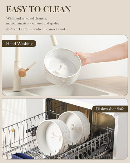 MALACASA Dog Bowl Set, Ceramic Bowls with Walnut Wood Stand, 6 Cups | Five-Leaf Grass and Honeycomb Design, Non-Slip Base, for Dogs, About 26% Heavier than Similar Ceramic Bowls