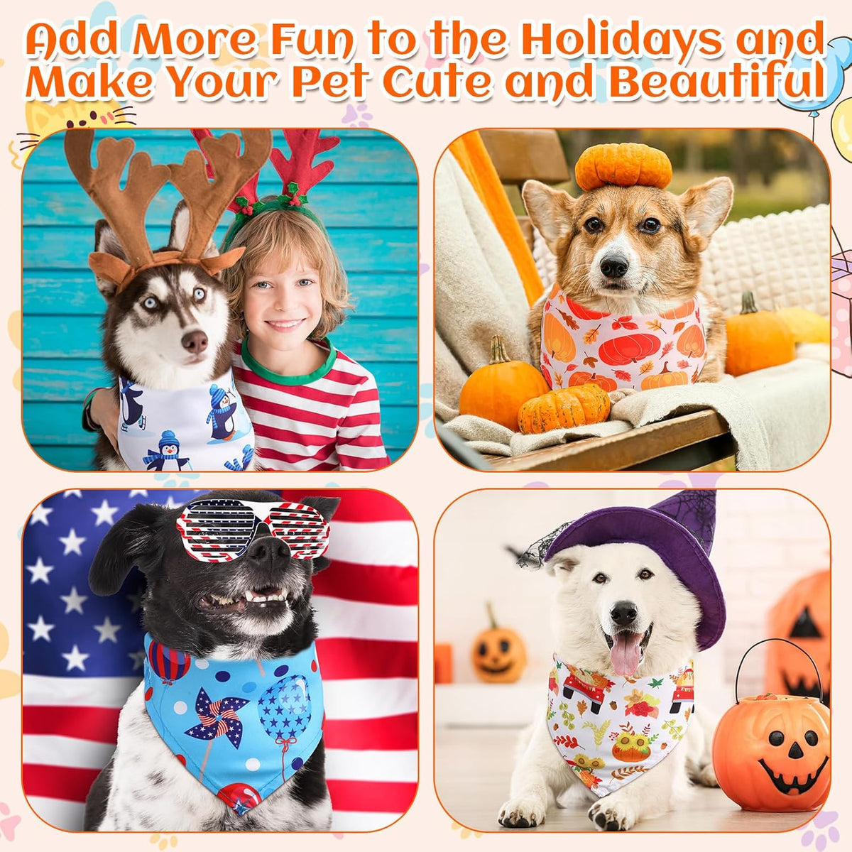 Reginary 72 Packs Holiday Dogs Bandanas Bulk Patriotic Halloween Thanksgiving Christmas New Year Birthday Summer Scarf Bibs Easter St. Patrick's Day Pets Bibs Adjustable Dog Bandana for Pet Costume