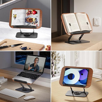 SupeDesk Book Stand for Reading, Adjustable Book Holder with 360° Rotating Bases, Foldable Designs, and Elastic Clips, Multifunctional Display Stand for Recipe, Cookbooks, Magazines, Tablets, Laptops