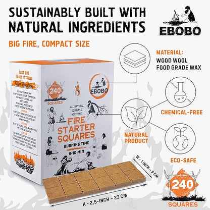 240 pcs Fire Starter Cubes – Natural Wax-Based, Odorless & Non-Toxic – Quick