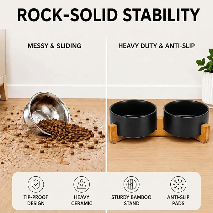 SPUNKYJUNKY Ceramic Dog and Cat Bowl Set with Wooden Stand, Modern Cute Weighted Food Water Set for Small Size Dogs (13.5OZ) & Medium Sized Dogs (28.7OZ) & Cats (3.6 Cups, 2 × Black)