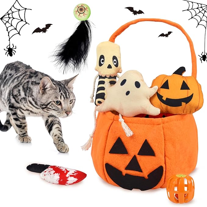 7PCS Halloween Cat Toys, Cat Catnip Toys Plush Teething Toys, Horrible Halloween Cat Ghost Chew Toys for Kitten Cats