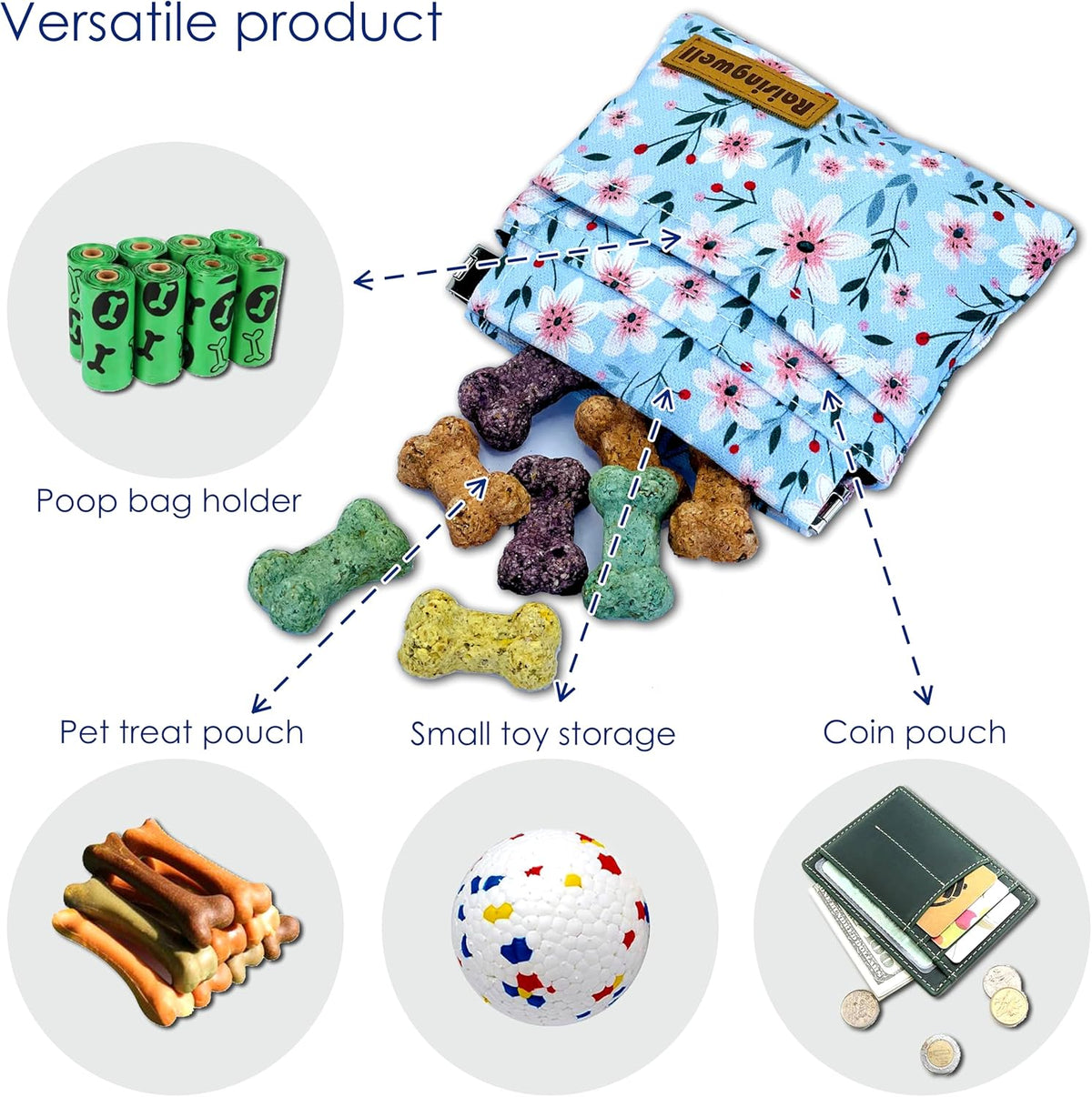 Dog Treat Pouch, Small Cotton Pocket Sized Training Holder, Hand Free Walking Fanny Bag with Carabiner, Self-Closing Pet Feed Snack Reward, Behavior Aids for Puppy Travel or Outdoor Use