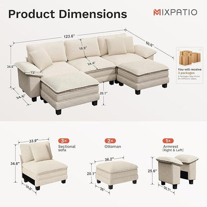 MIXPATIO 123-Inch U Shaped Sectional Sofa with Cloud Cushions, Deep Seat Modular Couch Set w/ 5 Seats & 2 Ottomans, Removable Arms, Plush Corduroy Upholstery for Living Room, Apartment - Beige