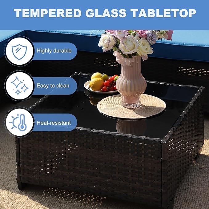 SunloungeCo 9 Pieces Outdoor Patio Furniture Set, Wicker Conversation Sets with Tea Table, Rattan Patio Sofa with Thick Cushions for Garden, Backyard Porch, Poolside,Peacock