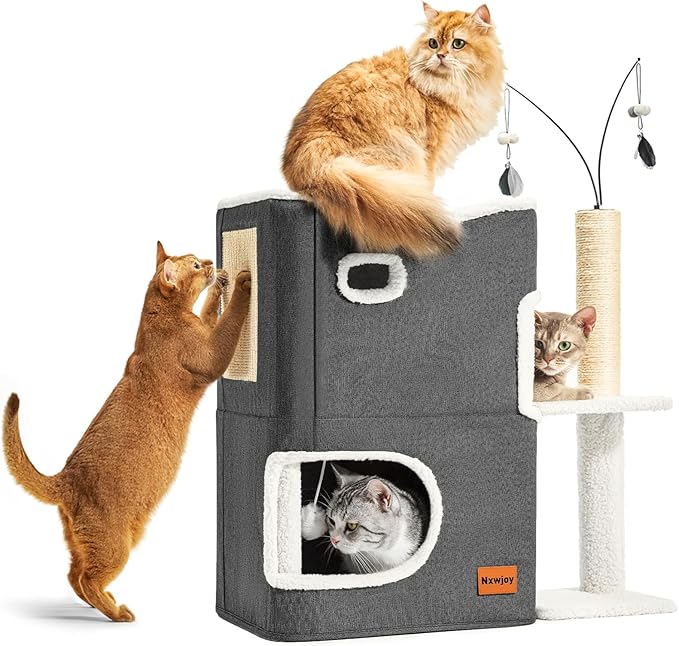 Cat Bed for Indoor Cats with Scratching Post Cat Beds Furniture Cave House 2-Storey Cats Hideaway Playhouse Condo with Fluffy Ball Toys for Pets Dark Grey