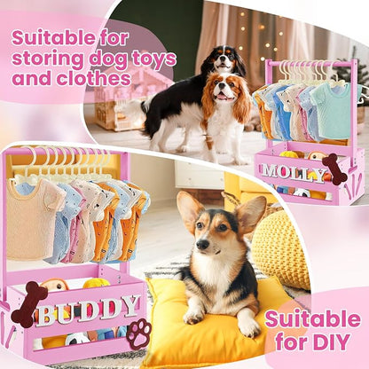 Teenyyou 20 x 13 x 9 Wooden Dog Closet Pet Wardrobe Crate Box with Hanging Rods and Personalized Alphabet Letters Easy Assembly Baskets for Dog Cat Toys Clothes Accessories(Pink)