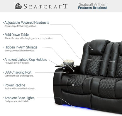 Seatcraft Anthem Home Theater Seating - Italian Leather - Power Recline Sofa - Fold-Down Table - Powered Headrests - Arm Storage - USB Charging - Cup Holders, Black