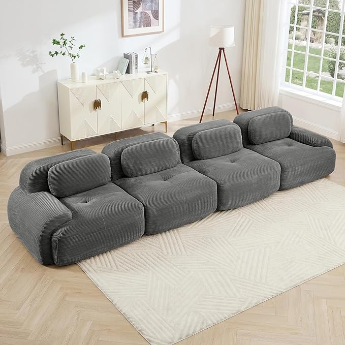 152" Modern Corduroy Cloud Sofa, Boneless Modular Large Sectional Couches for Living Room, Gray 4 Seater Compressed Memory Foam Couch, Extra Deep Seat, No Assembly