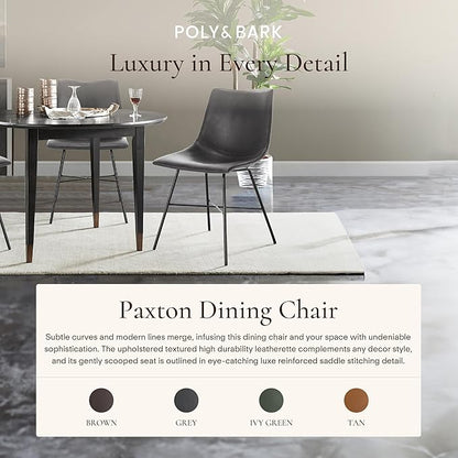 POLY & BARK Paxton Leather Dining Chairs – Set of 2 Modern Dining Room Chairs with Low Back – Faux Leather Upholstery and Matte Black Steel Base – Comfortable Seating for Stylish Interiors – Grey