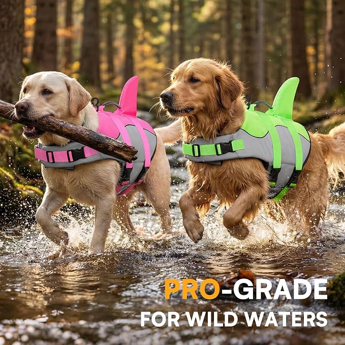 Dog Life Jacket Ripstop Shark Dog Safety Vest Adjustable Preserver with High Buoyancy and Durable Rescue Handle for Small,Medium,Large Dogs, Green Shark XX-Large