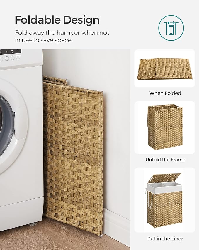 SONGMICS Laundry Hamper with Lid, 90L Clothes Hamper with 2 Removable Liner Bags, 6 Mesh Bags, Wicker Laundry Basket, Double Laundry Hamper for Bathroom, 13 x 18.1 x 23.6 Inches, Natural ULCB251N01V1