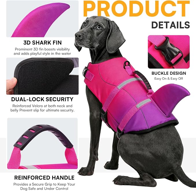 Dog Life Jacket High Flotation, Reflective Dog Life Vest for Swimming, Adjustable Dogs Life Preserver Rescue Handle Spring Summer Pool for Small, Medium, Large Dogs (Pink Purple,XS)
