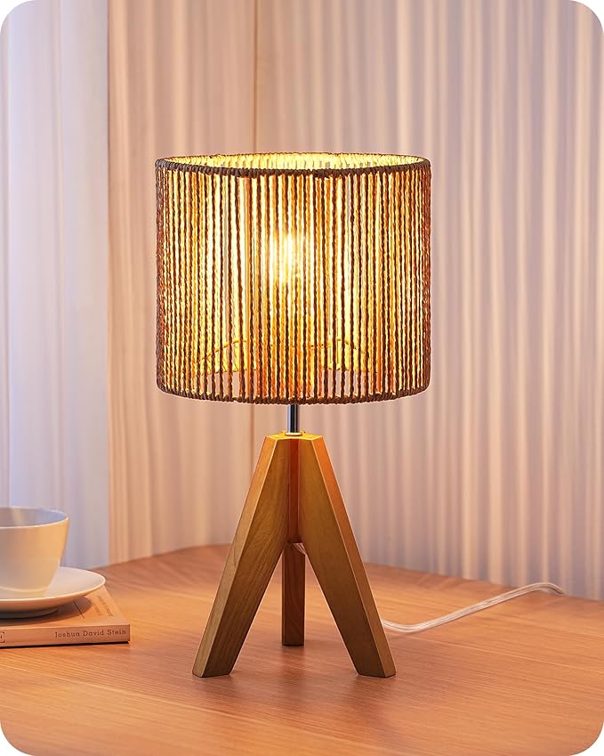 EDISHINE Small Rattan Table Lamp, Wood Tripod Bedside Lamp, Boho Nightstand Lamp for Living Room, End Table, Office, E26 Base, Natural Style