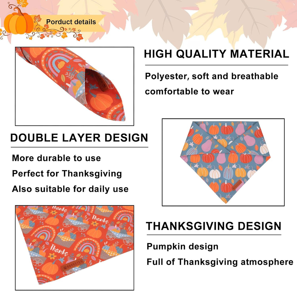 ADOGGYGO Thanksgiving Dog Bandana, Blue Orange Pumpkin Scarf, Adjustable Fit Fall Thanksgiving Bandanas for Medium Large Dogs Pets (Large)